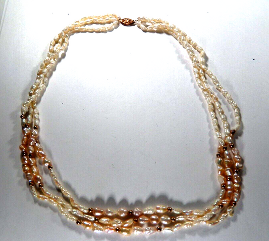 *VINTAGE* 14k Yellow Gold Three Strand Beads & Rice Pearl Beaded 18"Necklace