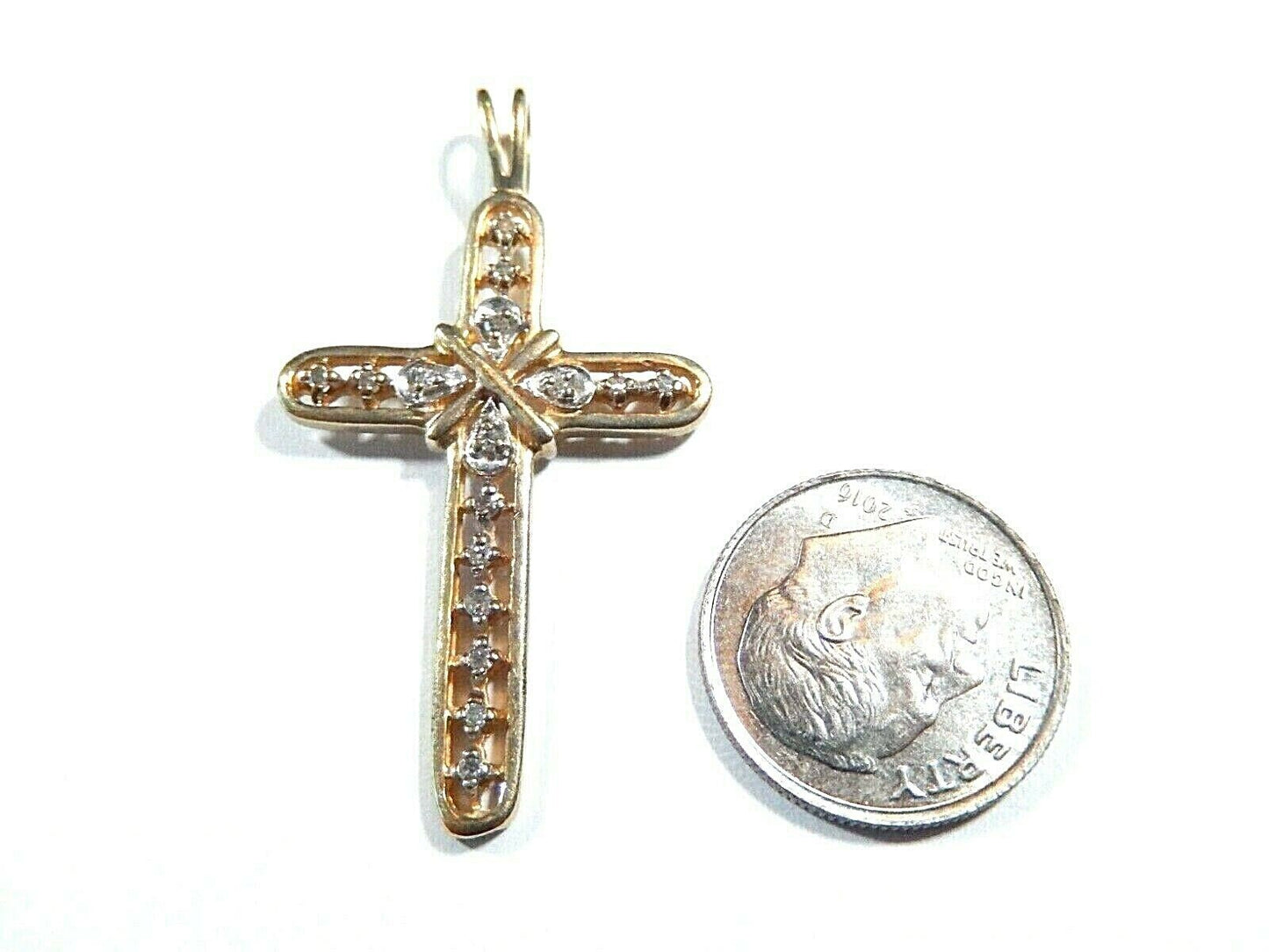 *VINTAGE*  LARGE 14K Yellow Gold 16 Diamond Cross Pendant  1.75"  x  1"