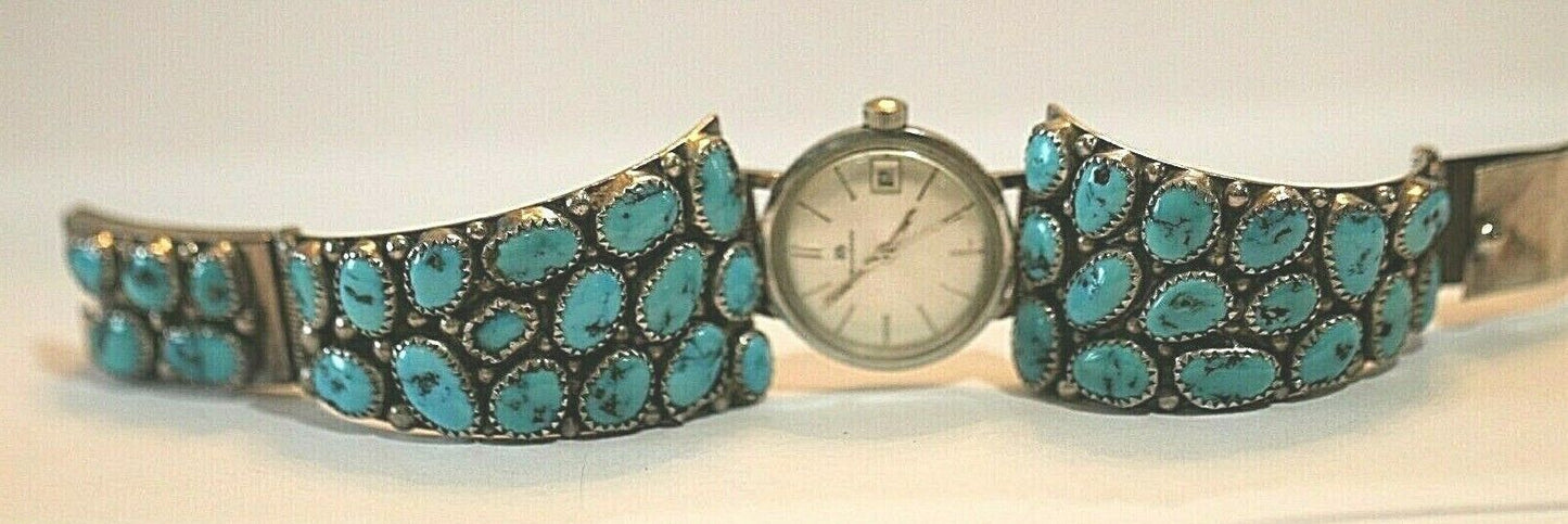 *VINTAGE*  Signed Native American Sterling Silver & Turquoise Watch Band & Watch