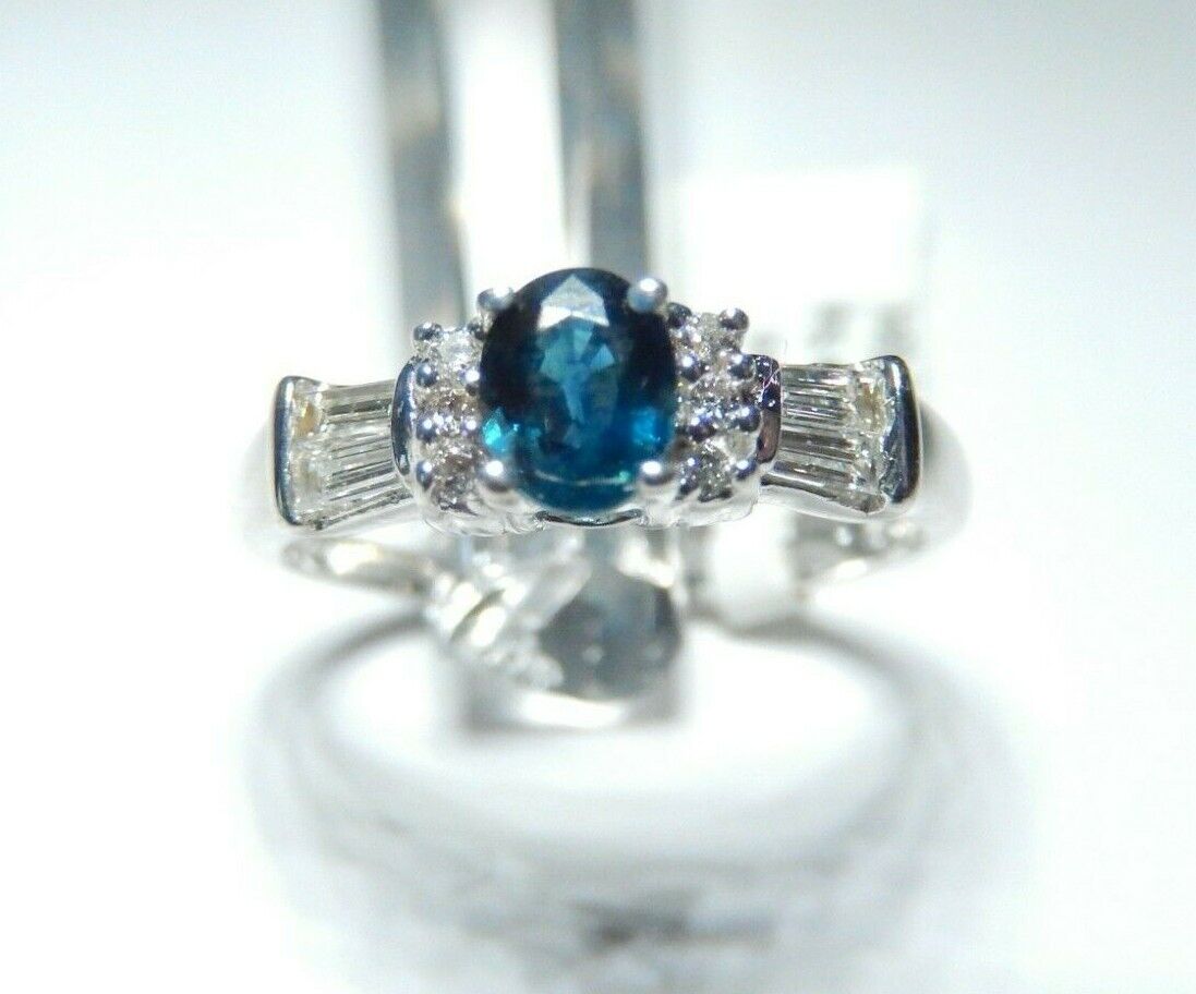 *NWT* 14K White Gold Natural Blue Sapphire & Baguette Cut Diamond  Ring Sz 7.25