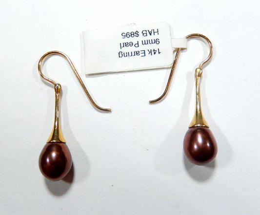 Tahitian 9 x 7.5mm  Pearl Dangle Earrings w/ 14k Yellow Gold Hinged Shepard Hook