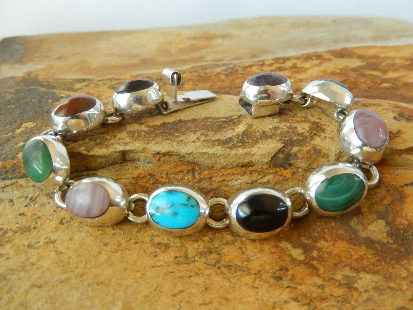 Vintage MEXICO TAXCO 925 Sterling Silver Bracelet Multi Gem Link Bracelet 7"