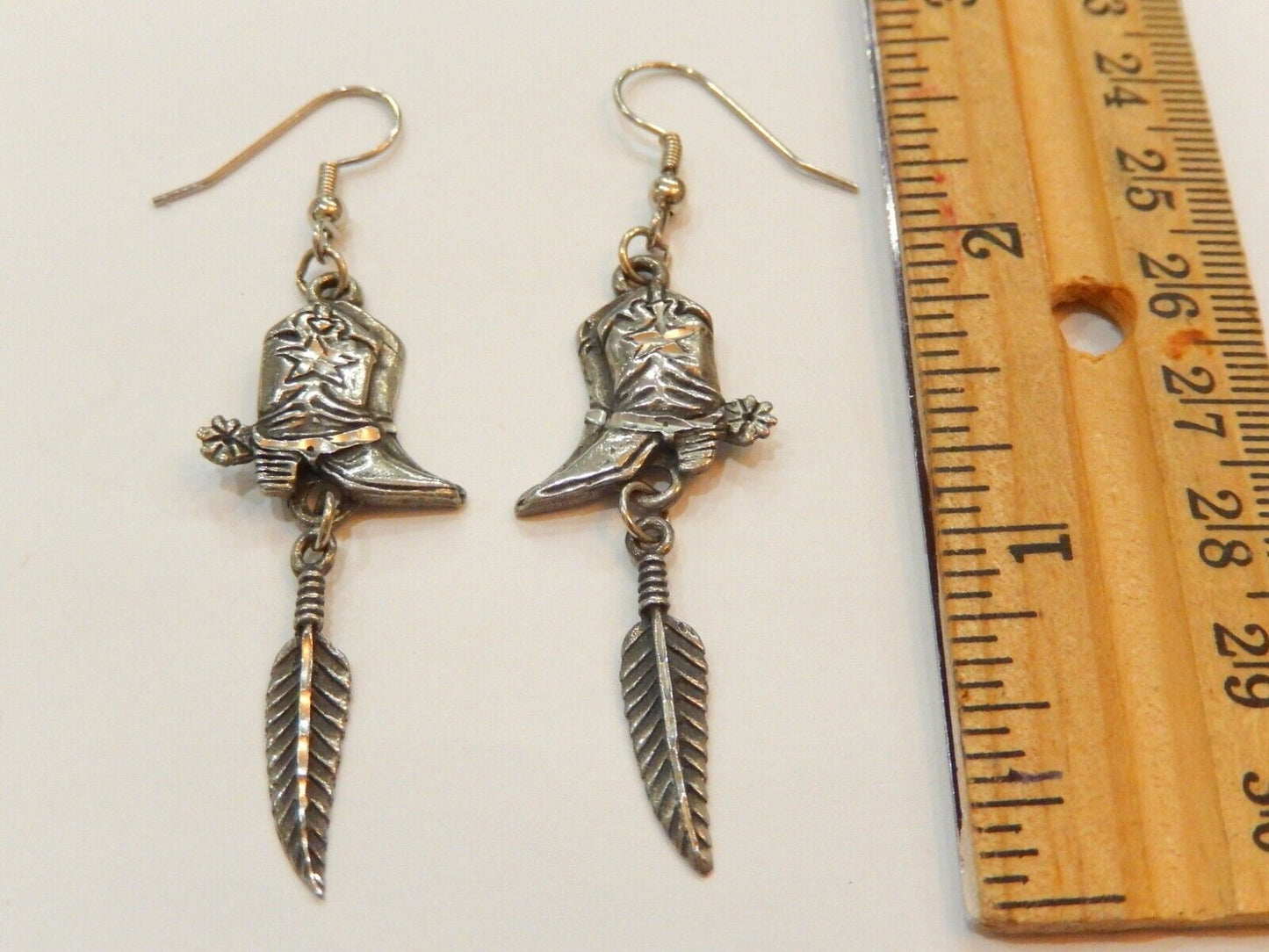 *VINTAGE* Cowboy Boot & Feather Dangle Earrings Sterling Silver 1.75"