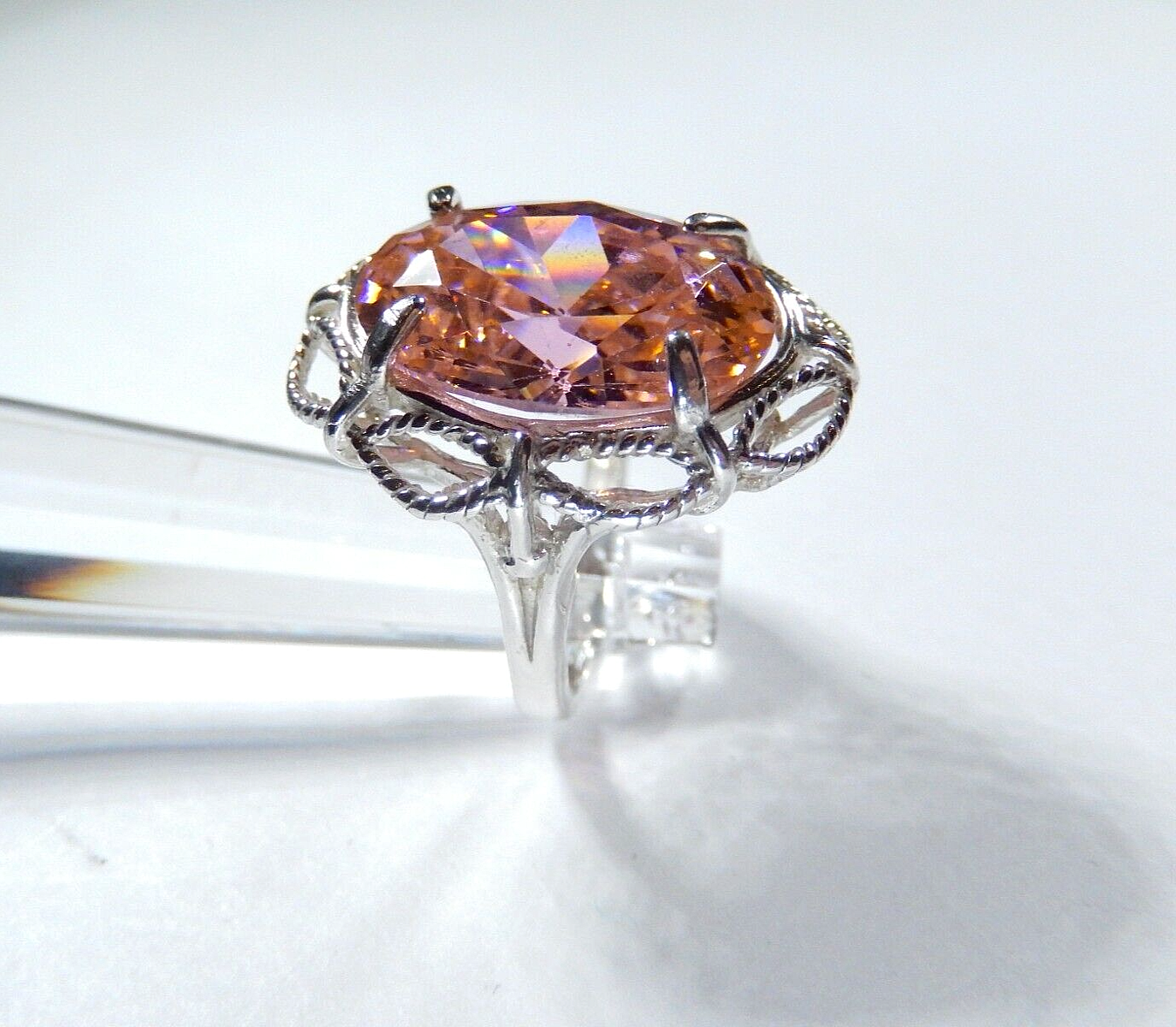 HUGE Solid .925 Sterling Silver 20.0 CT Statement Ring Pink CZ Cocktail Ring sz6