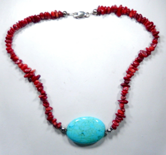*VINTAGE*  Southwestern Sterling Silver Red Coral & Turquoise 18" Necklace