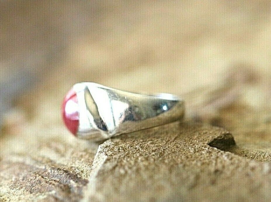 * VINTAGE*  Mexico 925 Sterling Silver Red Jasper Heavy Solid Back Ring Siz 8.25