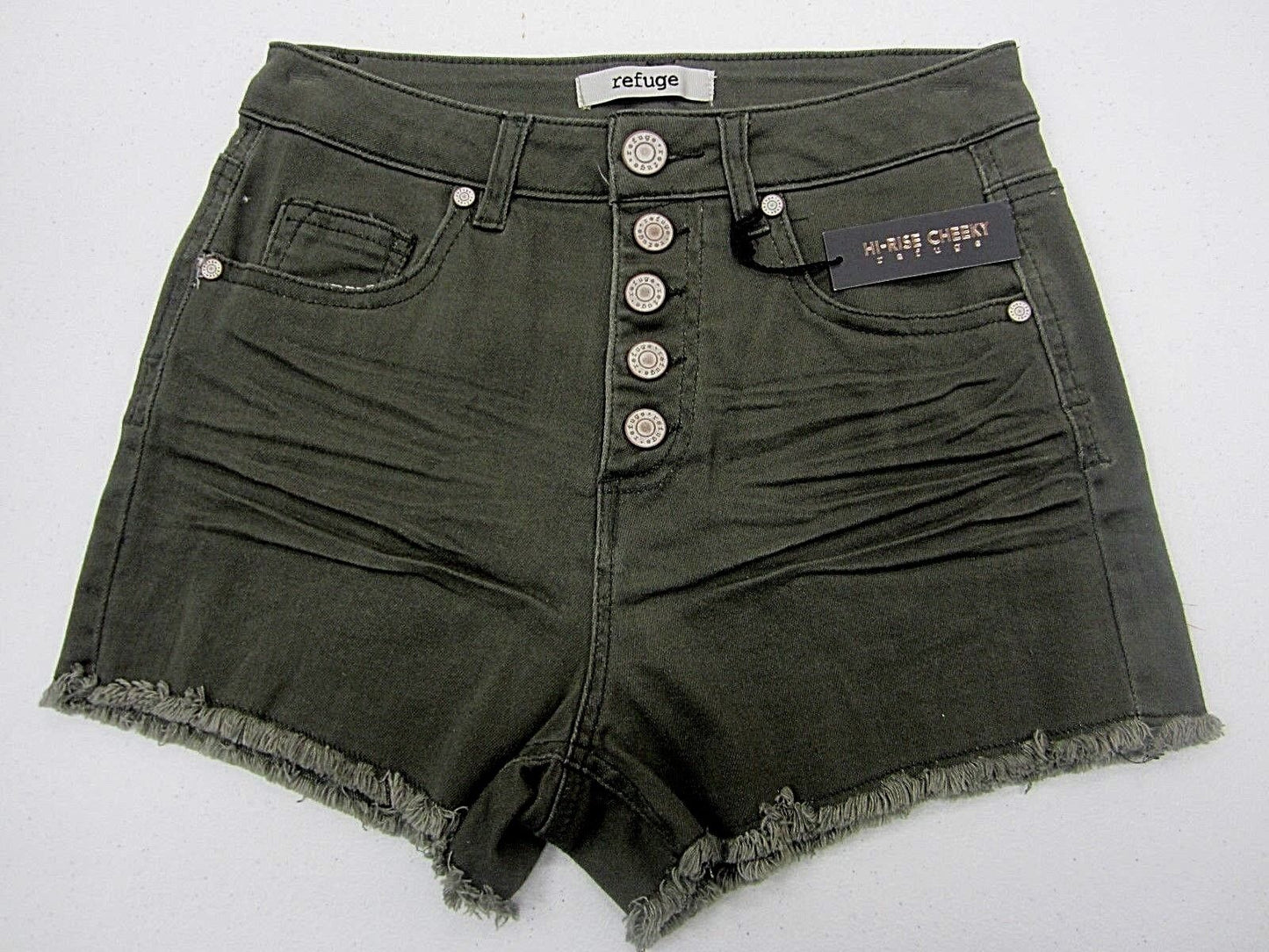 NWT Refuge Olive Denim Shorts Cheeky Hi-Rise 5 Button Charlotte Russe Size 2