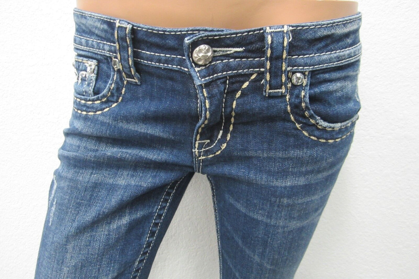NICE  MISS ME Distressed Dark Low Rise Boot Crystals Jeans JW5161B2 Size 27 x 29