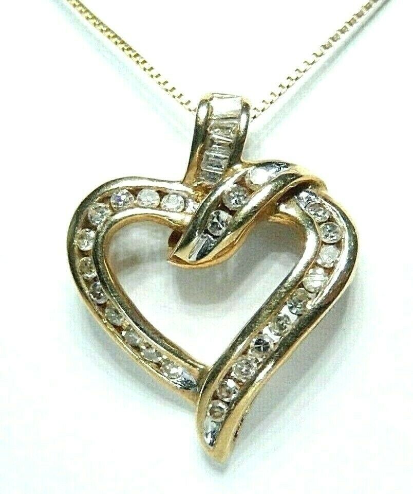 *VINTAGE* 10K Yellow Gold 1/3CT 28  Natural Diamonds  Heart Pendant w/14K 20" Ch