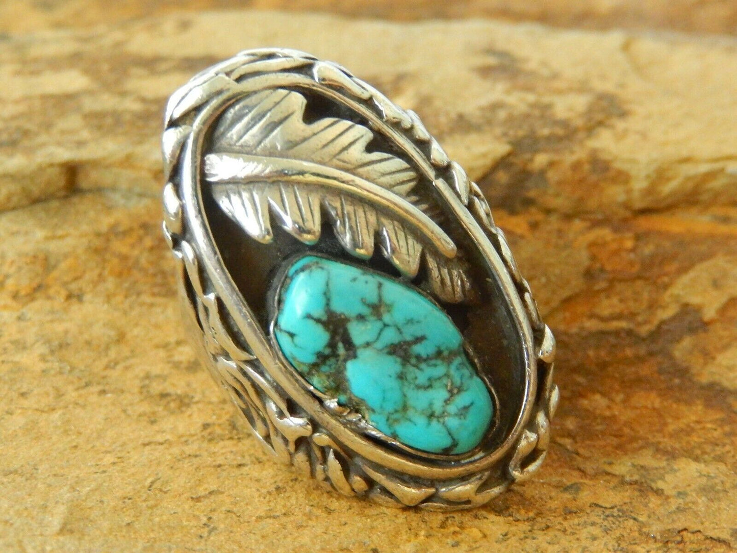 *VINTAGE* Large Heavy 26gm Native Amer. Sterling Silver Turquoise Ring Size 10.5