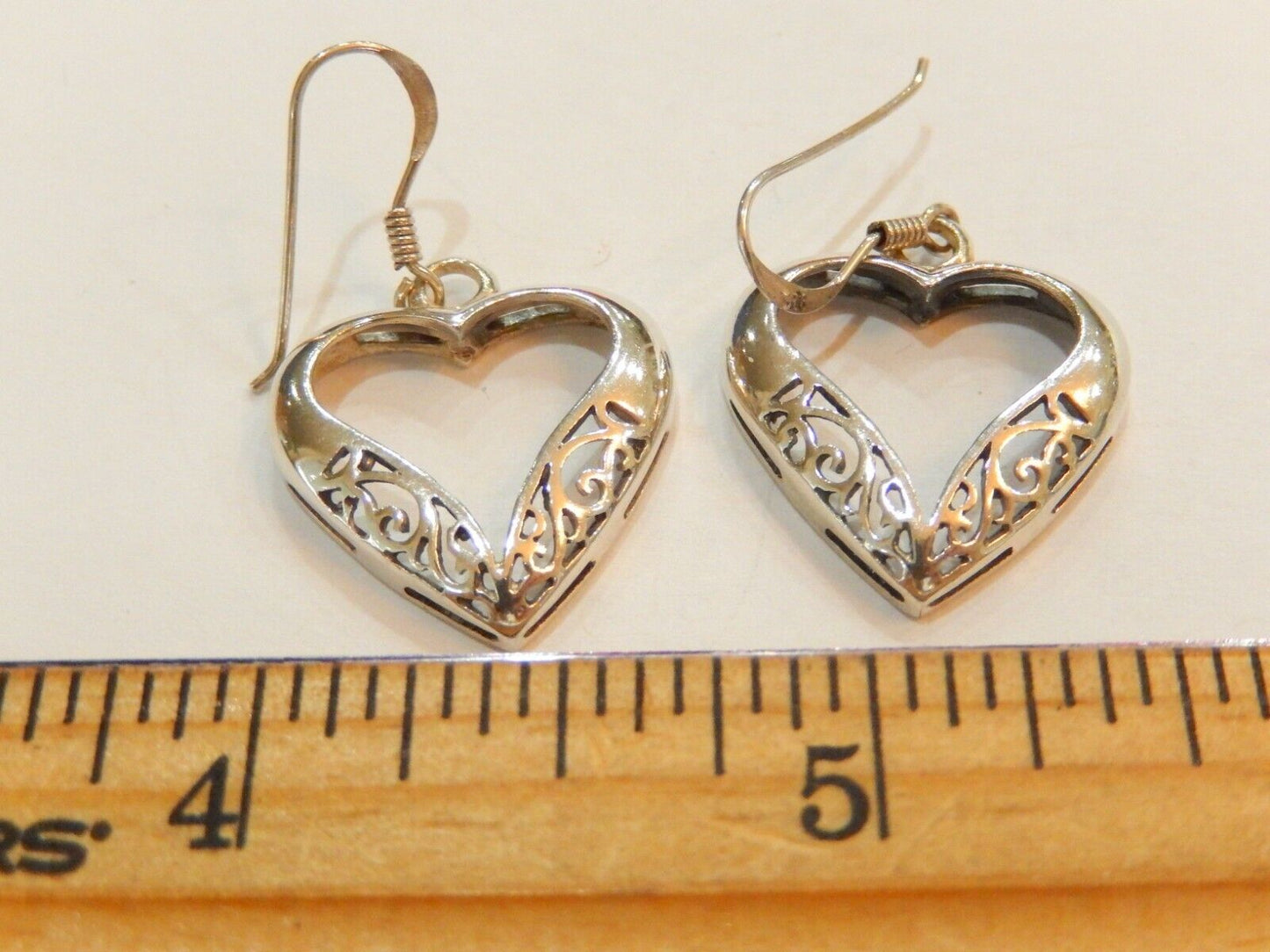 Sterling Silver  Filigree Heart Dangle Earrings 7/8" x 3/4"