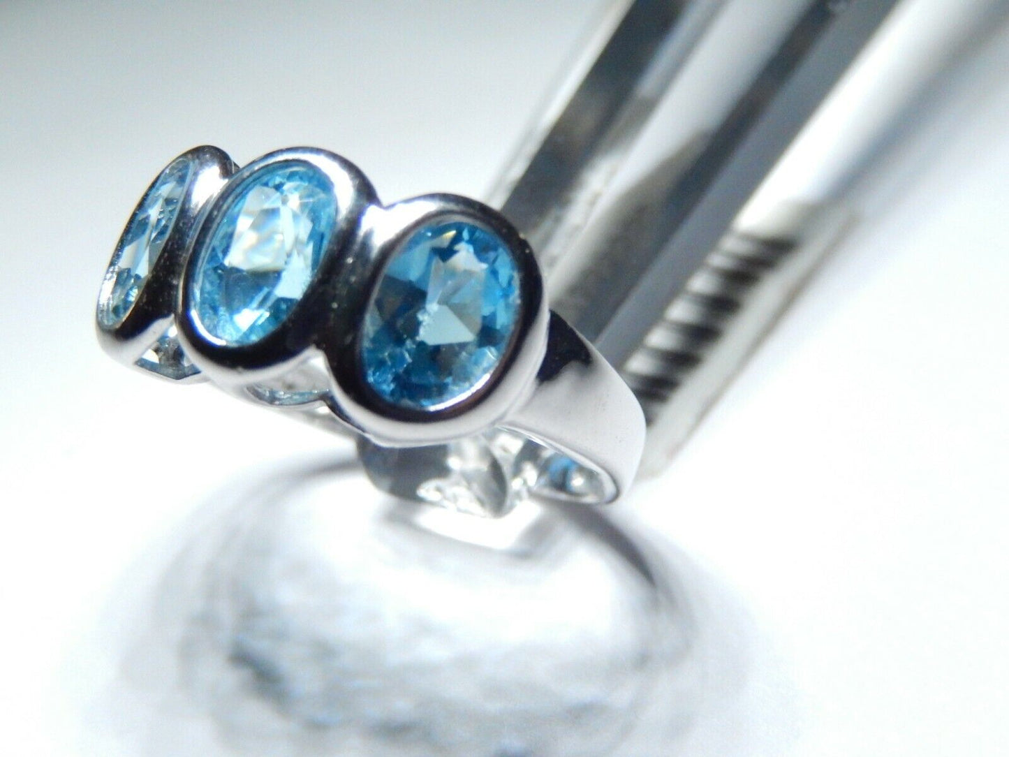 *NWT* 10k White Gold 8mm Past Present Future 3 Stone Blue Topaz Ring Sz: 6.5