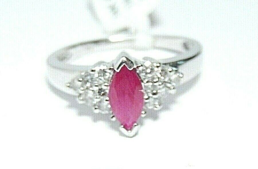 *NWT* 14k White Gold Ring .50CT Natural Marquise Cut Ruby & .25CT Diamonds Sz6.5