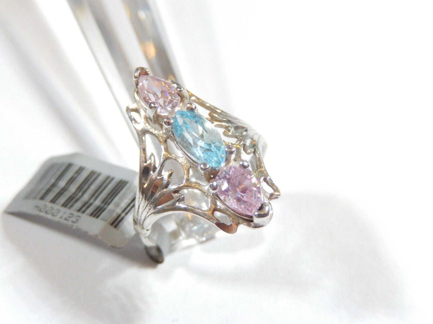 *VINTAGE* Pink Sapphire & Blue Topaz Gemstone Filigree Sterling Silver Ring Sz 7