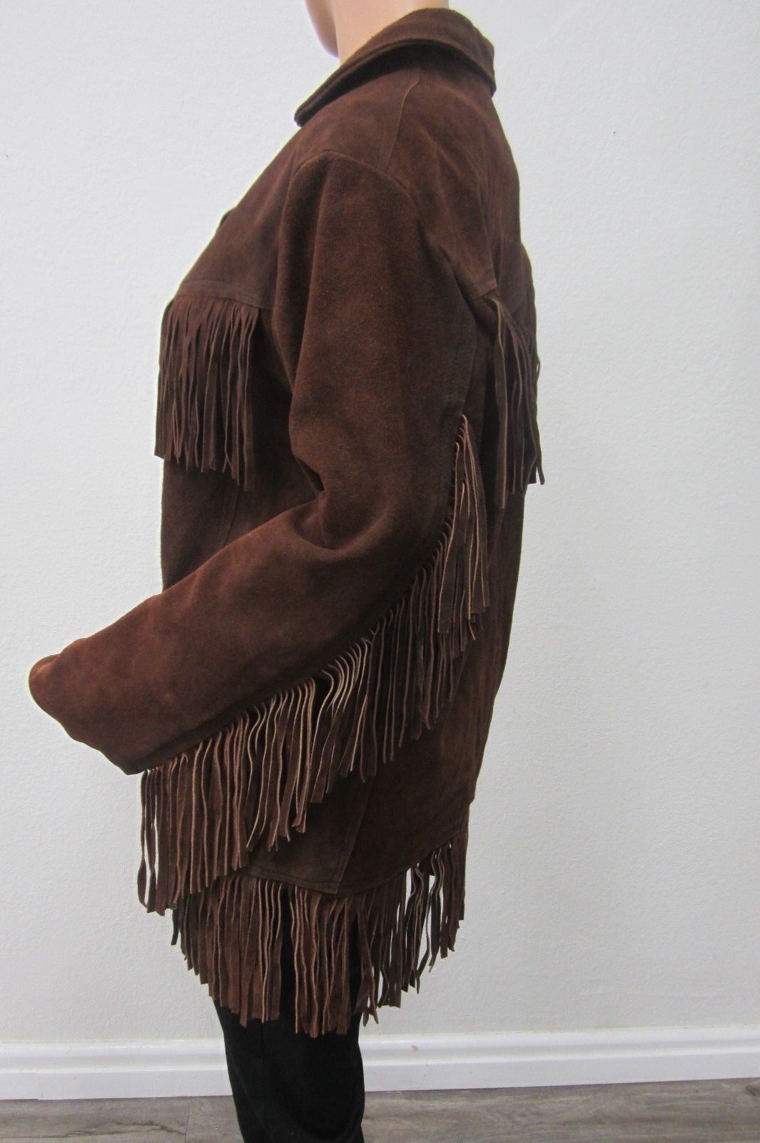 Vintage* 1970s HEAVY Suede Leather Mexico Western sz 40 Fringe Jacket Coat Brown