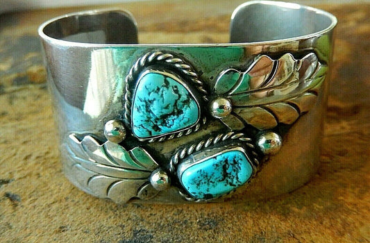 Vintage WIDE & HEAVY Southwest  Sterling SilverTurquoise Bangle F. SANDOVAL