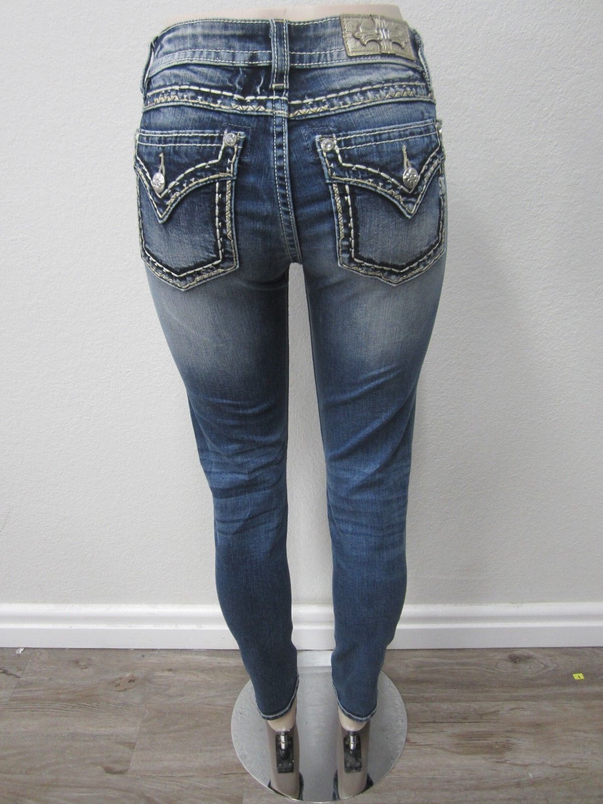 NWT MISS ME M5014S270 CuteSkinny Jeans Med Blue Gold Stitching CUTE Size 24 x 30