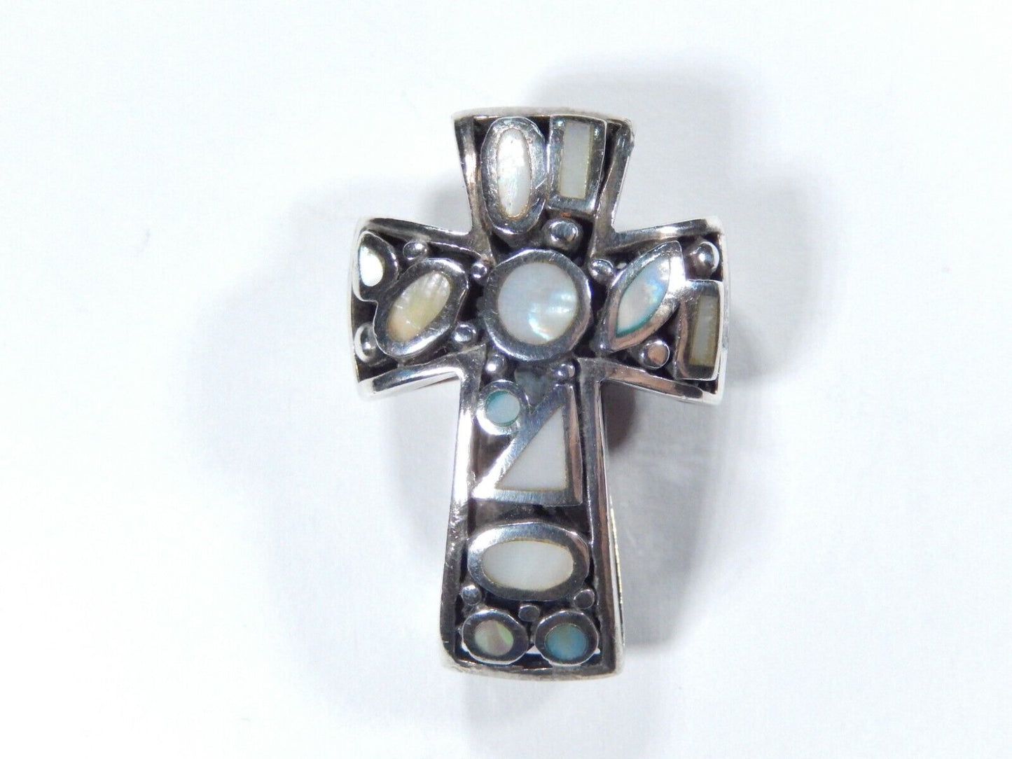 *VINTAGE*  Sterling Silver Mother of Pearl & Filigree Reversable Cross Pendant