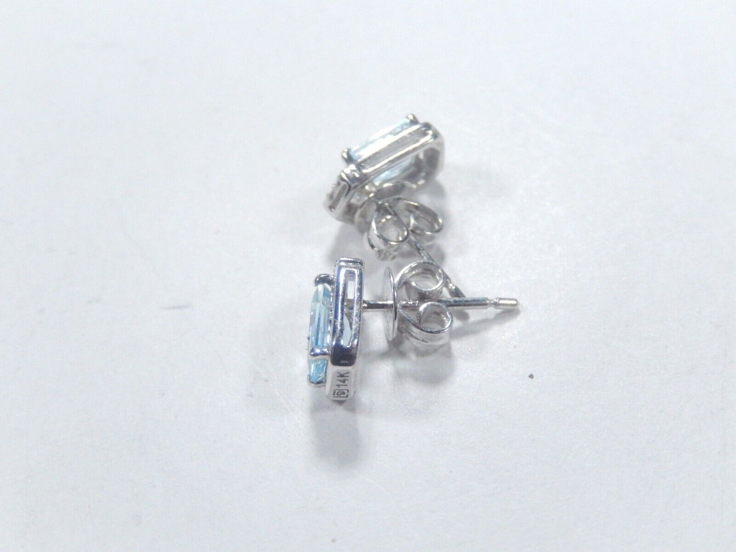 14K White Gold Emerald Cut  Aquamarine and Diamond Earrings