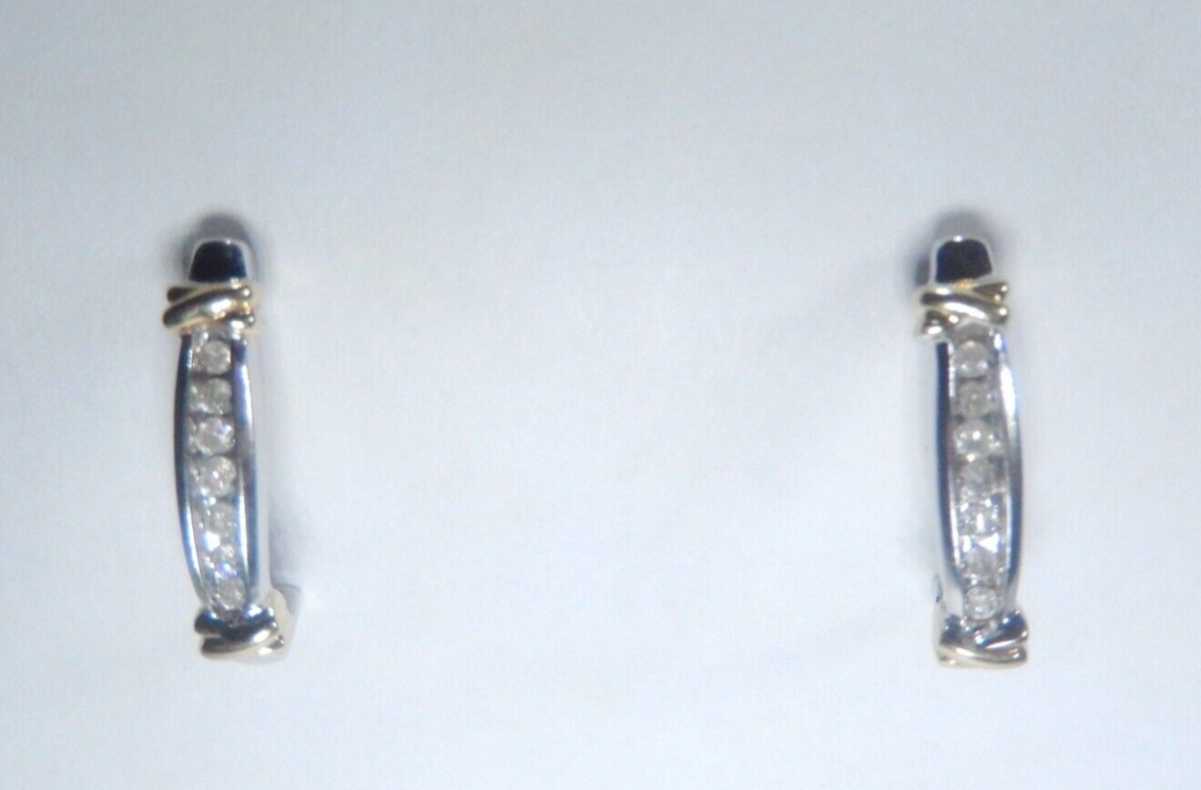*VINTAGE* 10K  Yellow & White Gold .50CT Natural  Diamond J-Hoop Post Earrings