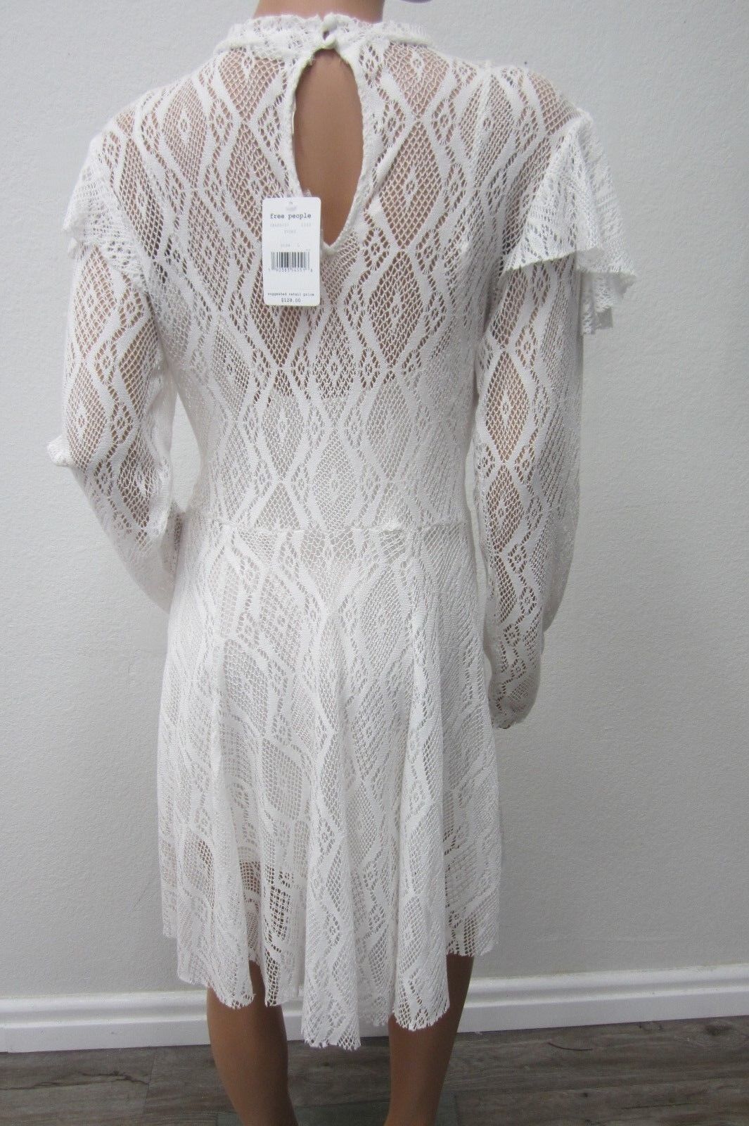 *NWT*$128   FREE PEOPLE LACE DRESS IVORY LACEY Cute Peasant Shabby Chic  Size LG