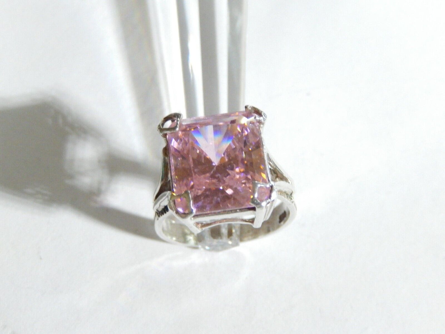 *VINTAGE*  Sterling Silver CZ Pink 12.0CT Emerald Cut Cocktail Ring Size 8