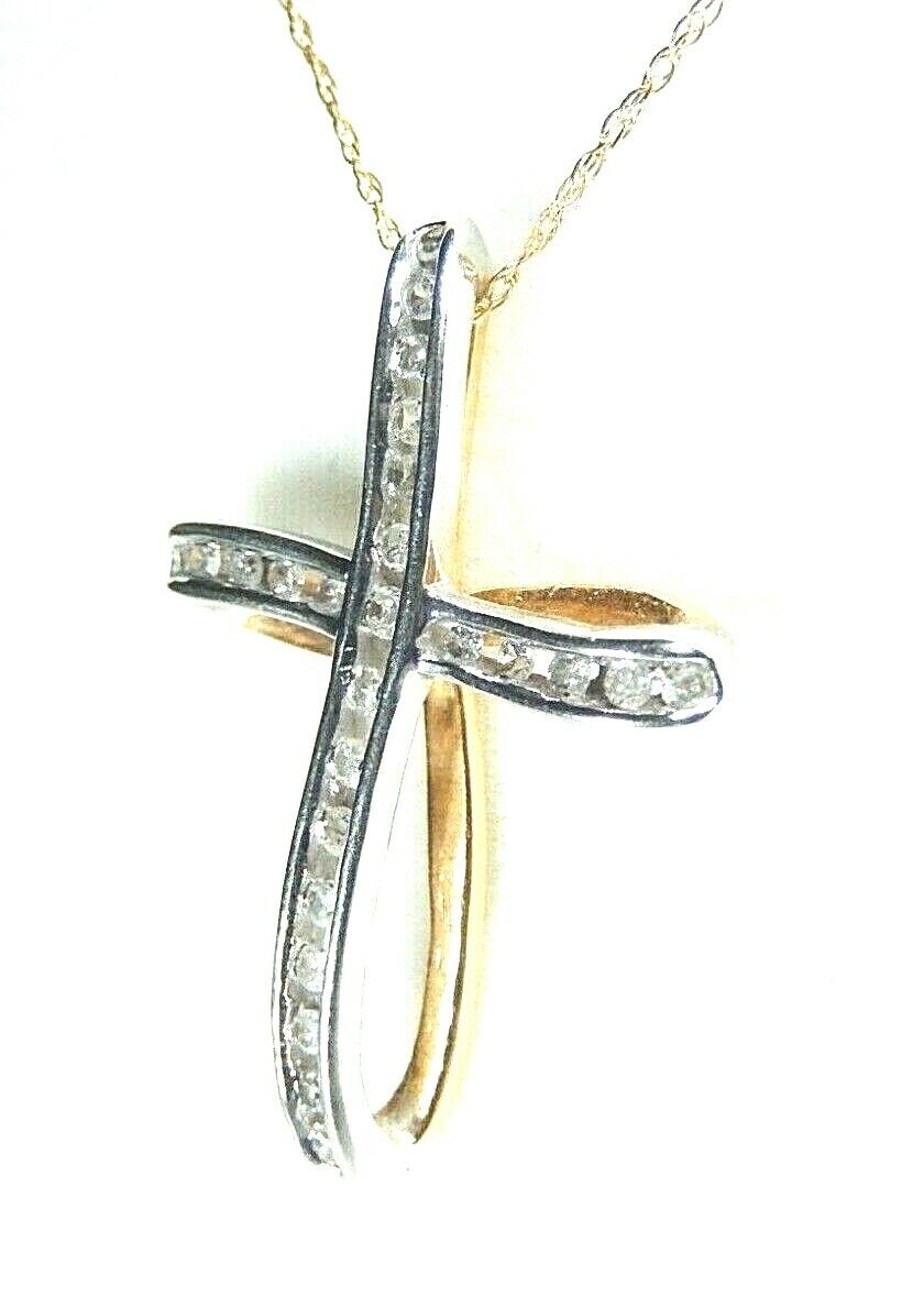 *VINTAGE* 14K Yellow Gold .25 CT Diamond Cross Pendant Necklace w/ 14k 18" Chain