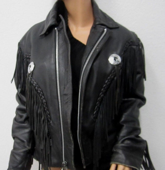 First Genuine  Black Leather Fringe Vintage Motorcycle Biker Jacket Women Small