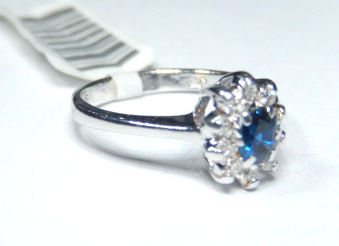 *NWT* 14K White Gold  Blue Sapphire & Diamond Halo  Engagement Ring Sz 4