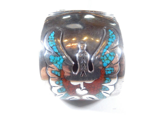 *VINTAGE*  Sterling Turquoise & Coral Navajo Artist H.C. Wide Cuff Bracelet