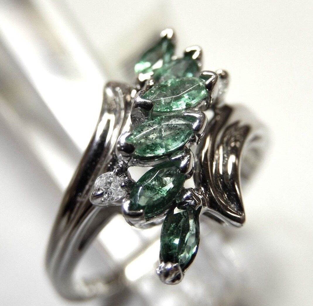 Natural Brilliant Green Emerald and Diamond Ring 14K White Gold Size 7