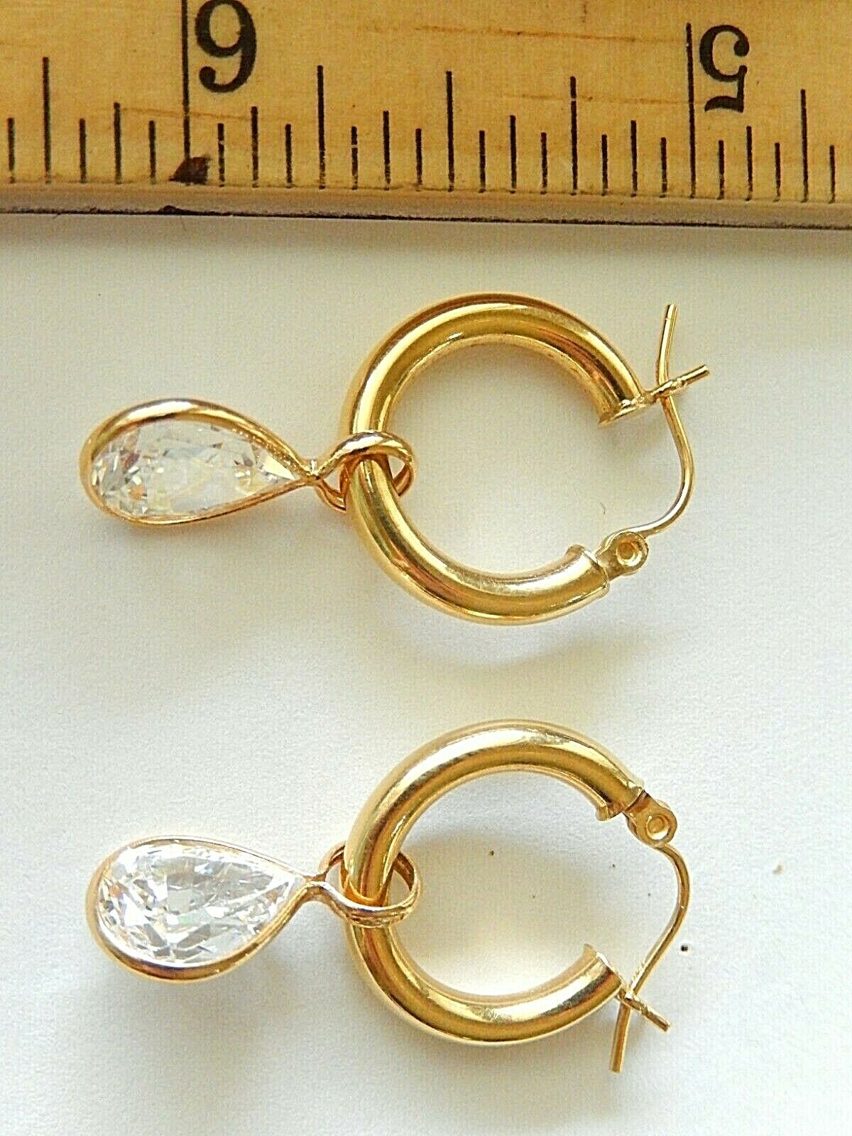 14K Yellow Gold Round Hoop Earrings With 3CT TW Dangling Pear CZ - Gorgeous -