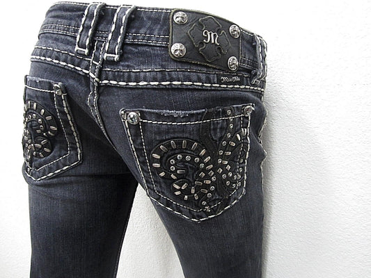 MINT MISS ME SKINNY JE604854L JEANS DARK WASH BLING FLEUR DE LIS SEXY SZ 27x33.
