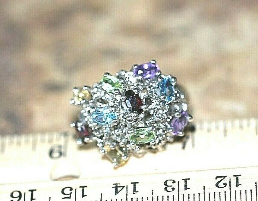 *VINTAGE* Statement Multi Gemstone  925 Sterling Silver Cluster Ring Size 6.25