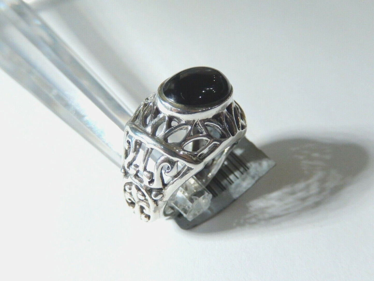 *VINTAGE*  THICK - Sterling Silver Black Onyx Filagree Scroll Dome Ring Size 6.5