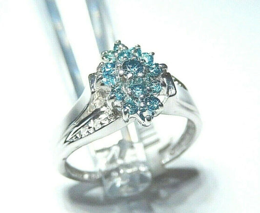 *NWT*14K White Gold .50CTW Blue Diamond Cocktail Cluster Ring Size 10.25