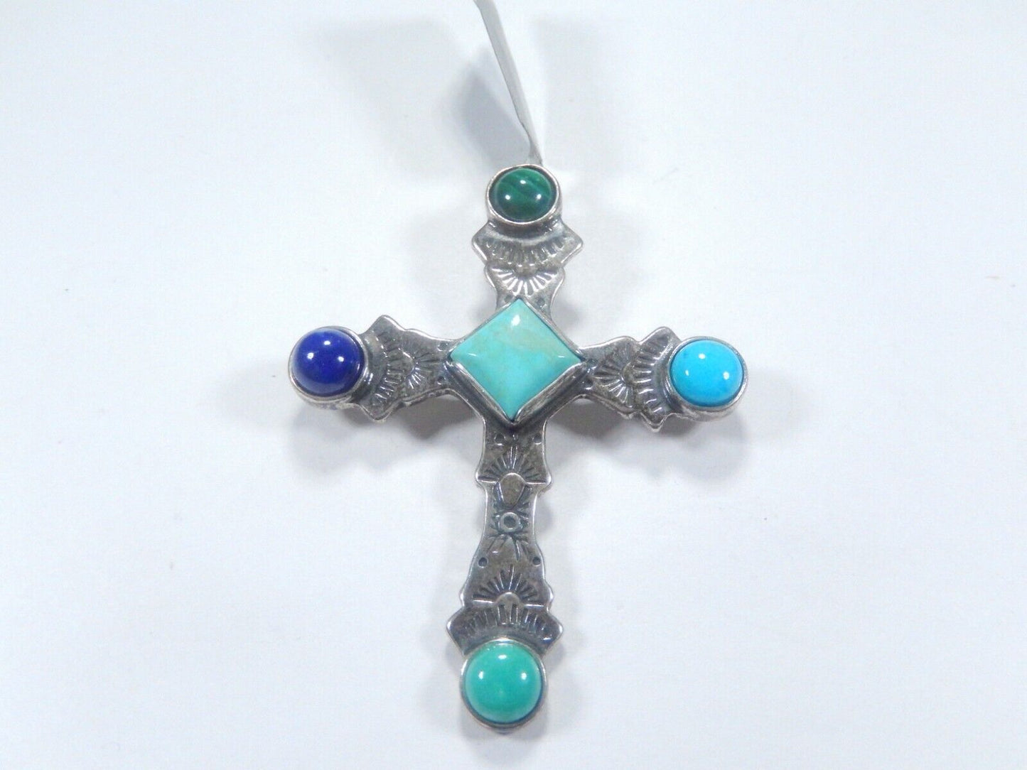 *VINTAGE*  STERLING SILVER MULTI GEMSTONE STONE CROSS PENDANT 2" x 1.5"