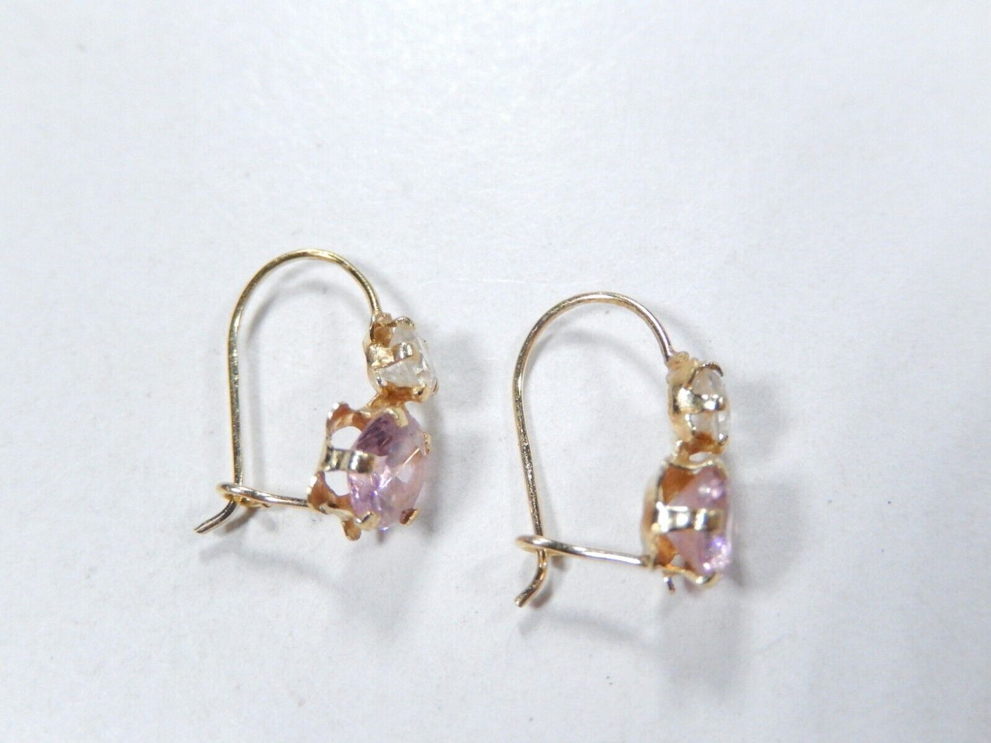14K Yellow Gold Created Pink & White Sapphire Stone Hook Earrings