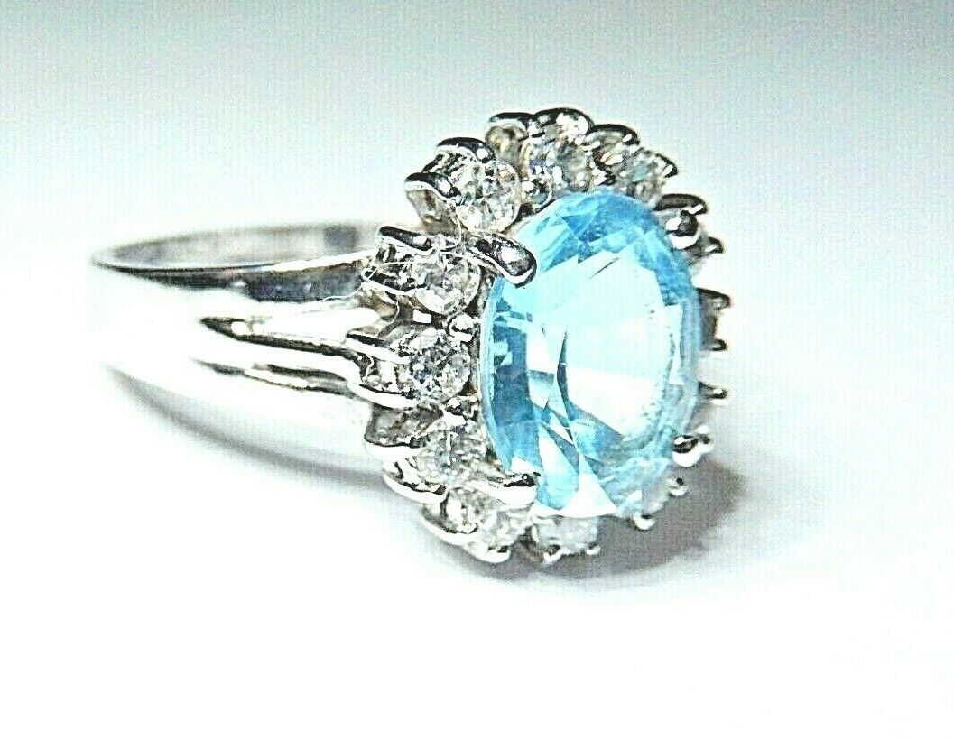 *VINTAGE* 14K White Gold 3.00CT Oval Swiss Blue Topaz & Diamond Halo Ring Sz 8.5