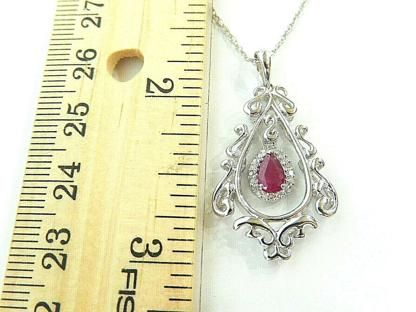 14K White Gold Natural Ruby & Diamond Scroll Swivel Pendant w/ 20" Chain