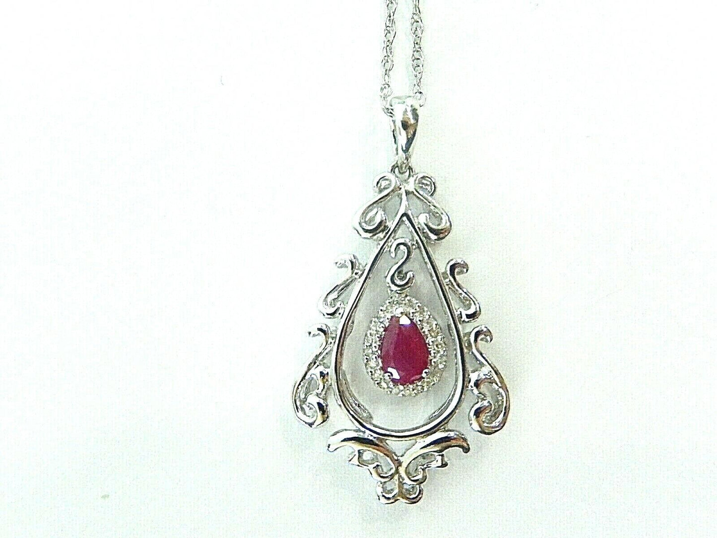 14K White Gold Natural Ruby & Diamond Scroll Swivel Pendant w/ 20" Chain
