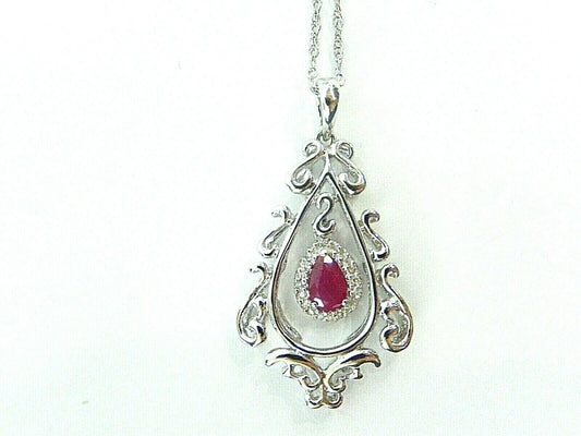 14K White Gold Natural Ruby & Diamond Scroll Swivel Pendant w/ 20" Chain