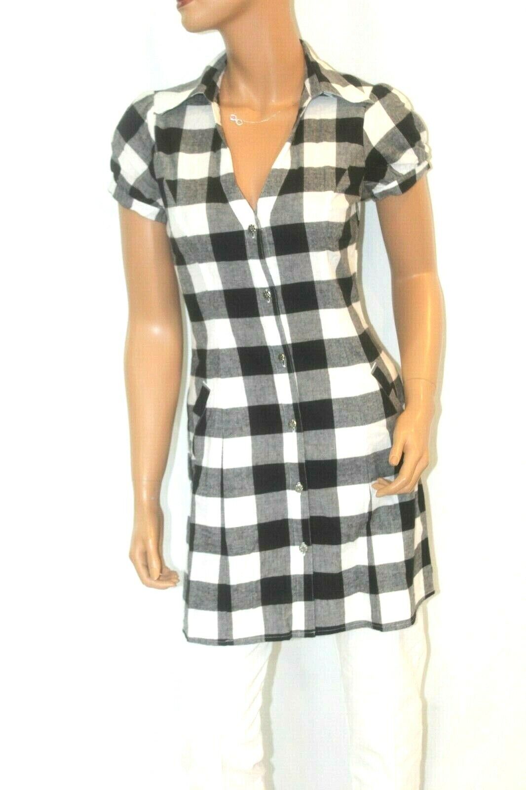 *NEW^  Finesse Cotton Front Button Down Black & White Plaid Dress w/Pockets Sz S