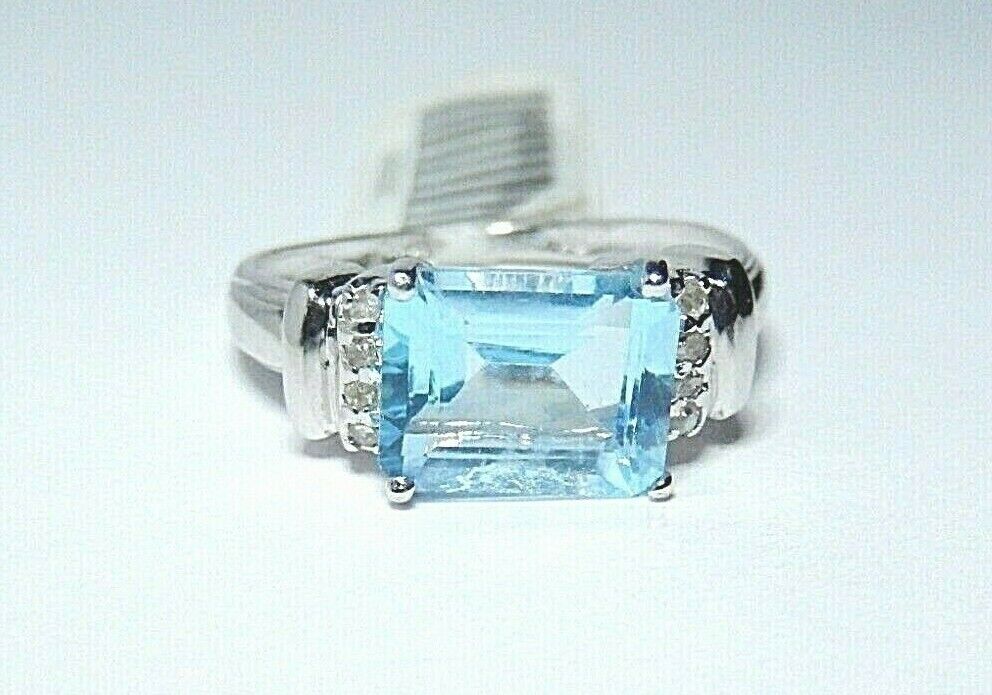 *NWT* 10K White Gold 2.50 CT Blue Topaz & Diamond Solitaire Ring Size 7.5