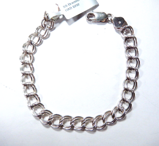 VINTAGE** Thick Heavy Sterling Silver 8mm Wide Double Link Charm Bracelet - 7.5"