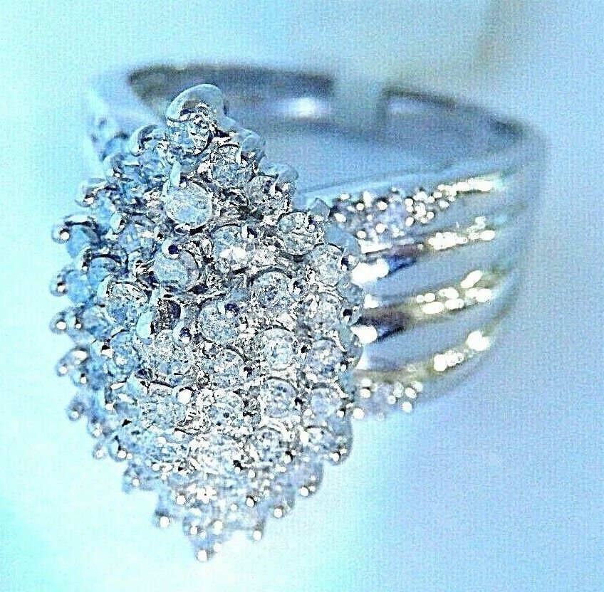 10K White Gold 1CT Natural Round Diamond Ladies Fancy Cluster Ring Sz 7.75