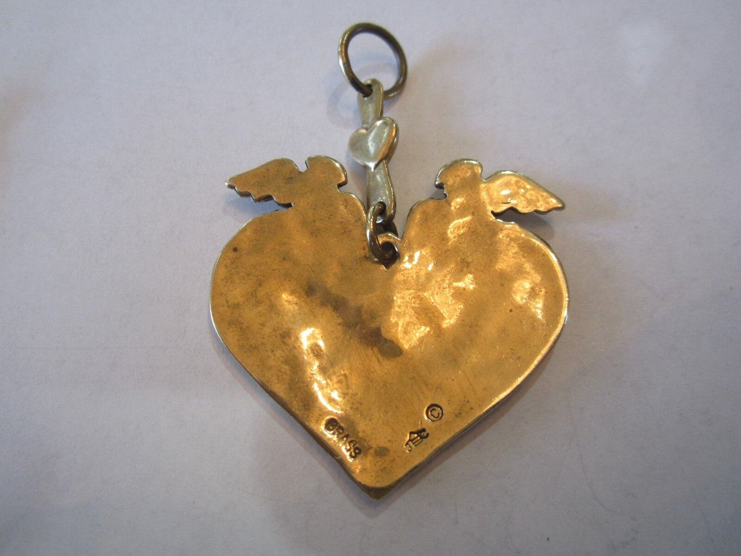RETIRED RARE Large Jeep Collins Brass Heart with Angels Dangle Pendant HTF