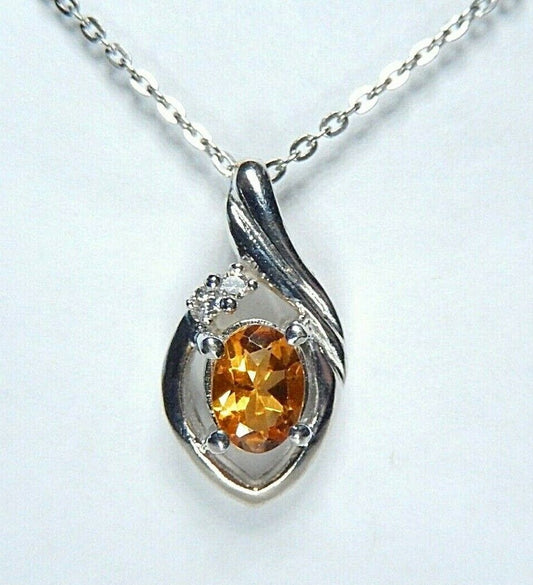 *NWT*  10k White Gold Oval Citrine And Diamond Pendant with 18" Chain