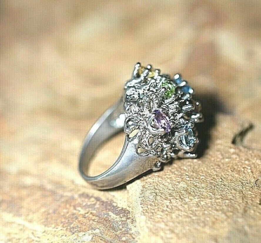 *VINTAGE* Statement Multi Gemstone  925 Sterling Silver Cluster Ring Size 6.25
