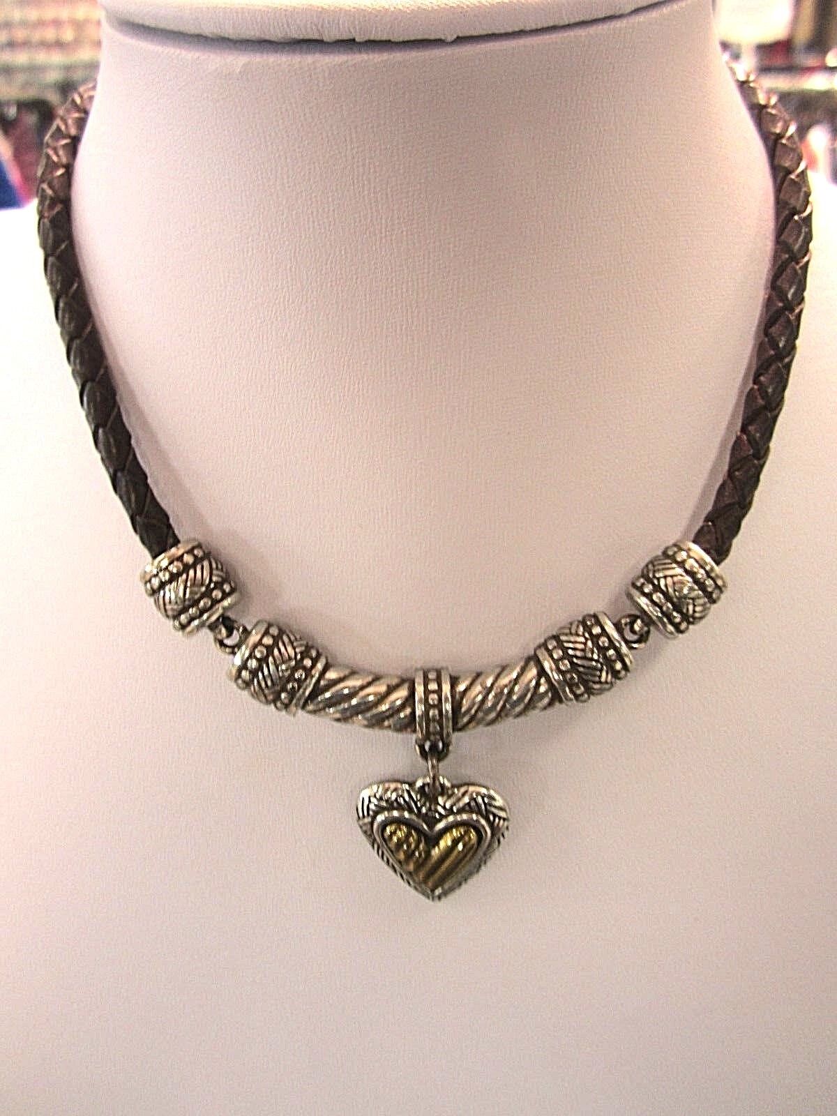 RETIRED Brighton Brown Braided Leather Cord Heart Pendant Statement Necklace